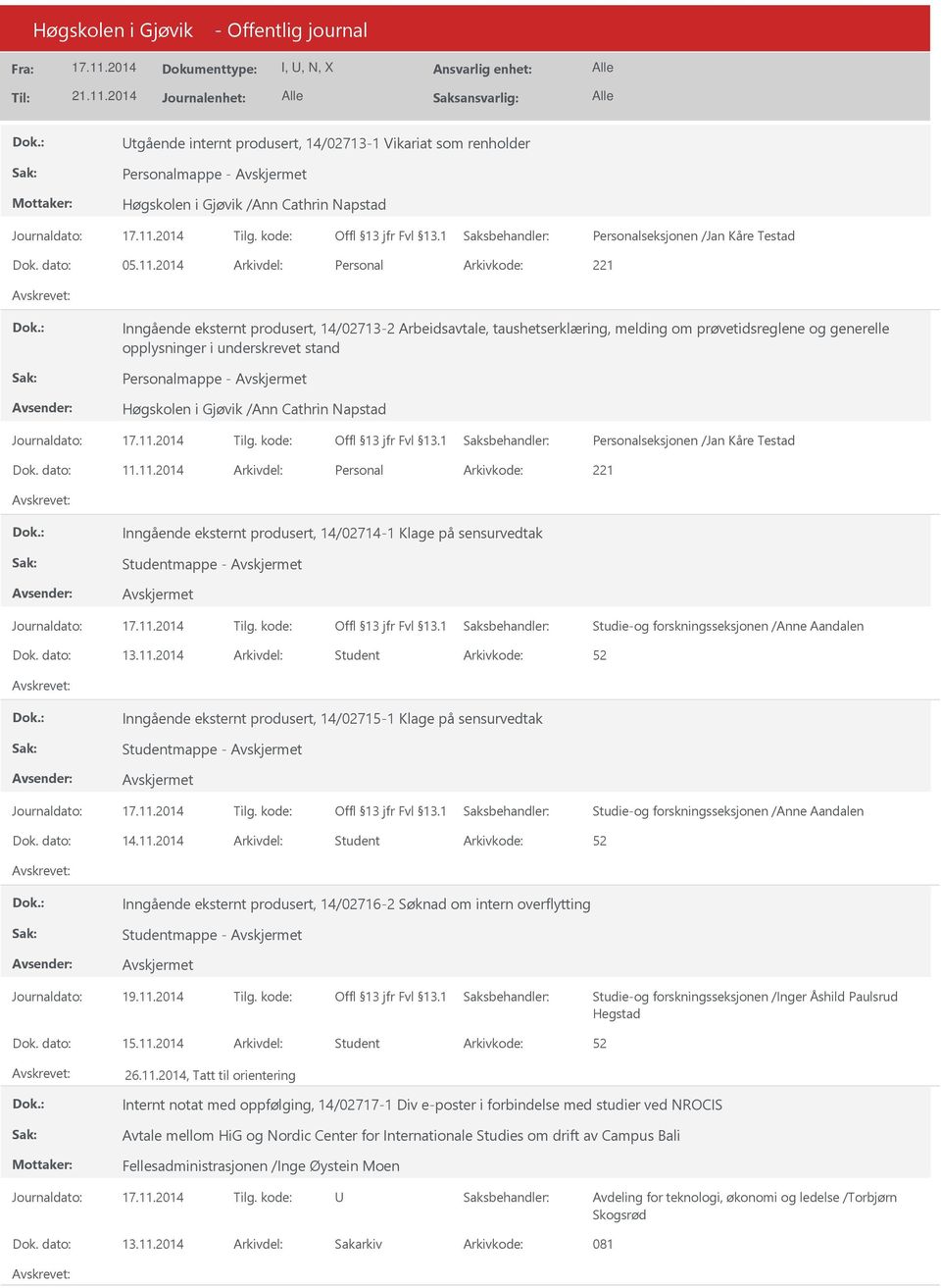 Cathrin Napstad Dok. dato: 11.11.2014 Arkivdel: Personal Inngående eksternt produsert, 14/02714-1 Klage på sensurvedtak Studentmappe - Dok. dato: 13.11.2014 Arkivdel: Student Inngående eksternt produsert, 14/02715-1 Klage på sensurvedtak Studentmappe - Dok.