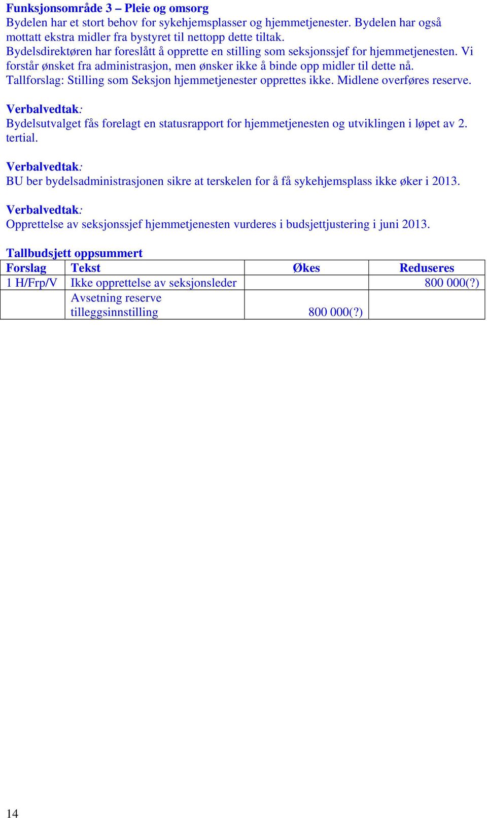 Tallforslag: Stilling som Seksjon hjemmetjenester opprettes ikke. Midlene overføres reserve. Verbalvedtak: Bydelsutvalget fås forelagt en statusrapport for hjemmetjenesten og utviklingen i løpet av 2.