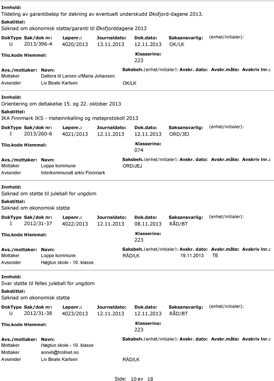 oktober 2013 KA Finnmark KS - møteinnkalling og møteprotokoll 2013 2013/260-6 4021/2013 074 nterkommunalt arkiv Finnmark Søknad om støtte til juleball for ungdom Søknad om økonomisk