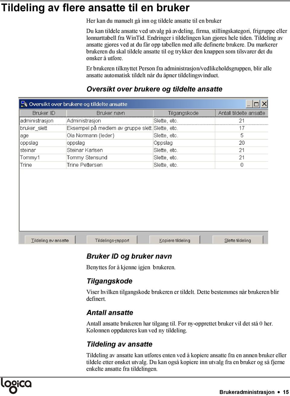 Du markerer brukeren du skal tildele ansatte til og trykker den knappen som tilsvarer det du ønsker å utføre.