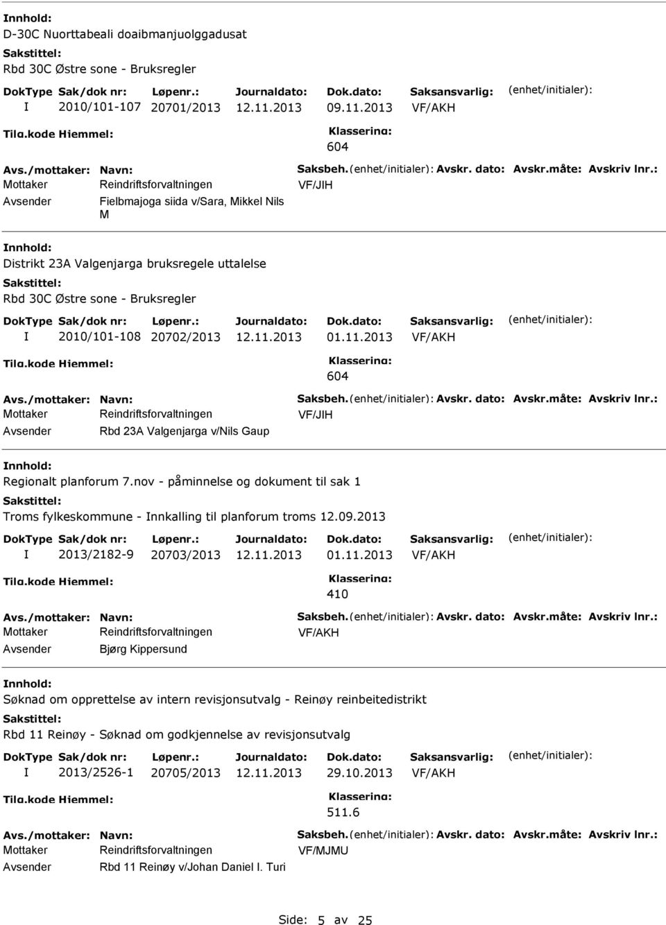 2013 VF/JH Rbd 23A Valgenjarga v/nils Gaup nnhold: Regionalt planforum 7.nov - påminnelse og dokument til sak 1 Troms fylkeskommune - nnkalling til planforum troms 12.09.