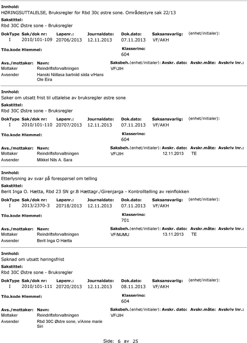 20707/2013 07.11.2013 VF/JH TE Mikkel Nils A. Sara nnhold: Etterlysning av svar på forespørsel om telling Berit nga O. Hætta, Rbd 23 SN gr.b Hættagr.