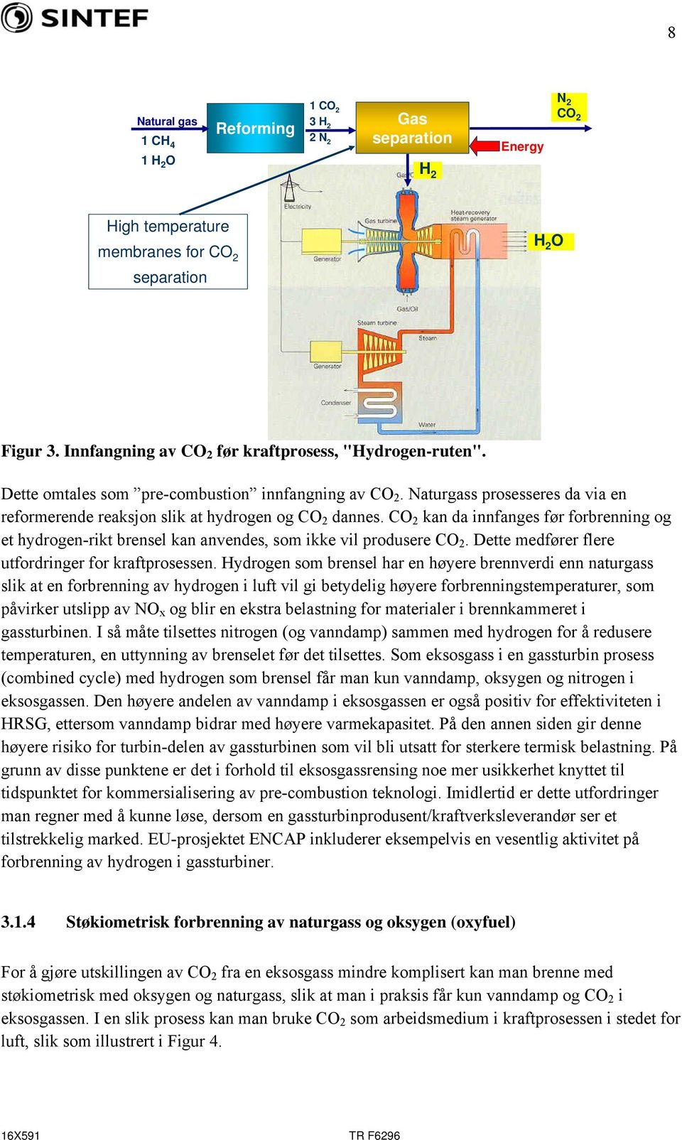 CO 2 kan da innfanges før forbrenning og et hydrogen-rikt brensel kan anvendes, som ikke vil produsere CO 2. Dette medfører flere utfordringer for kraftprosessen.