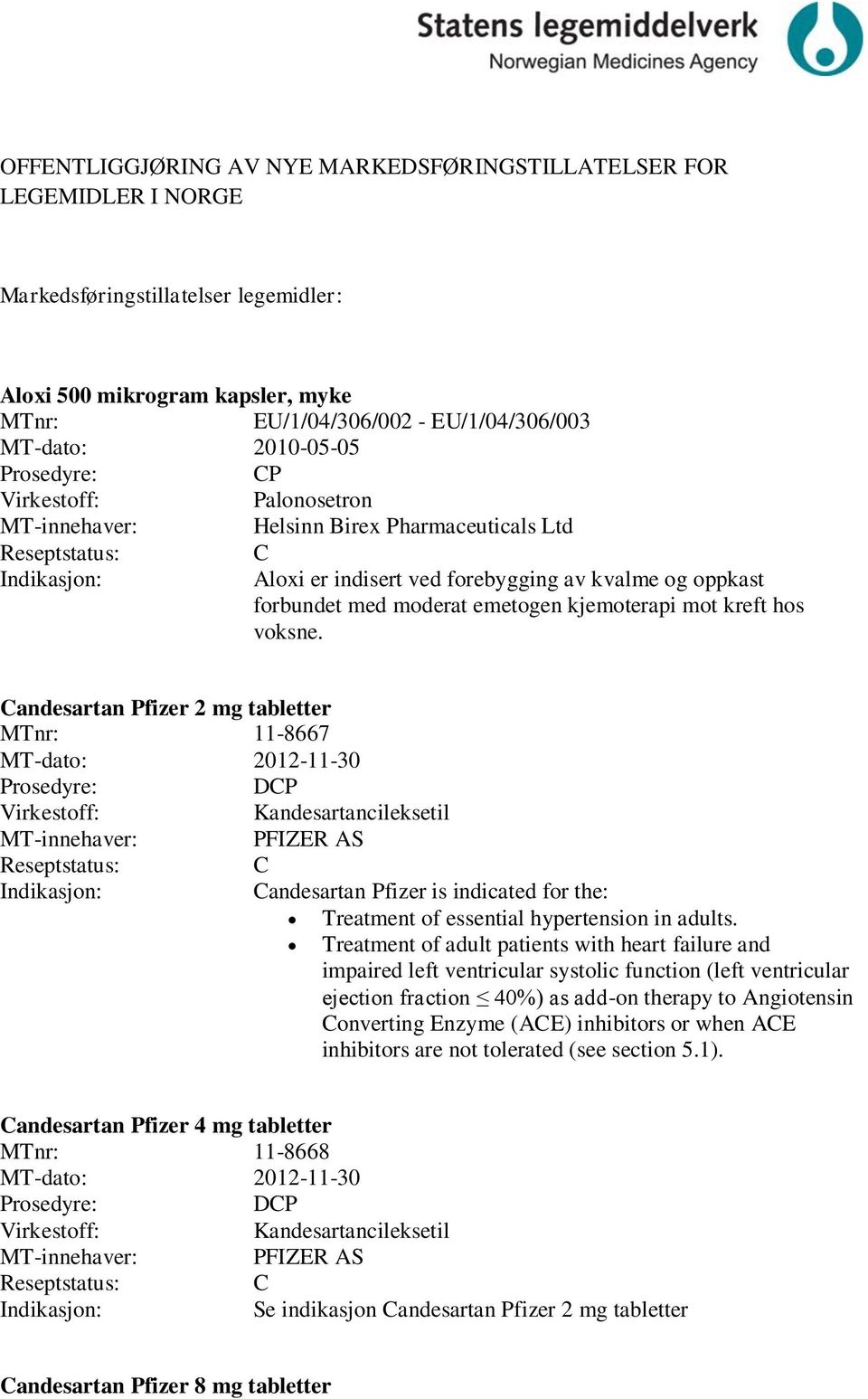 andesartan Pfizer 2 mg tabletter MTnr: 11-8667 MT-dato: 2012-11-30 DP Kandesartancileksetil andesartan Pfizer is indicated for the: Treatment of essential hypertension in adults.