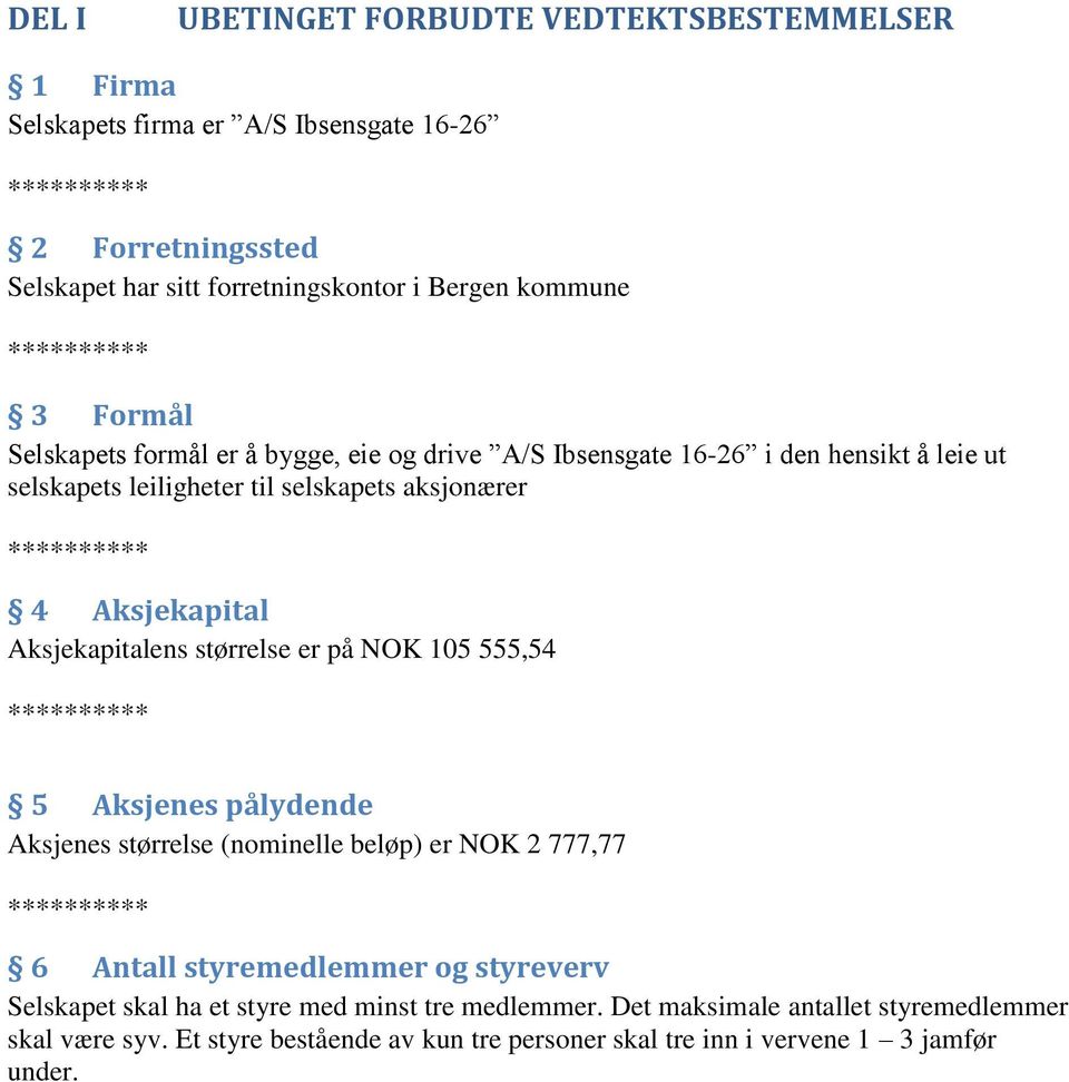 Aksjekapitalens størrelse er på NOK 105 555,54 5 Aksjenes pålydende Aksjenes størrelse (nominelle beløp) er NOK 2 777,77 6 Antall styremedlemmer og styreverv Selskapet