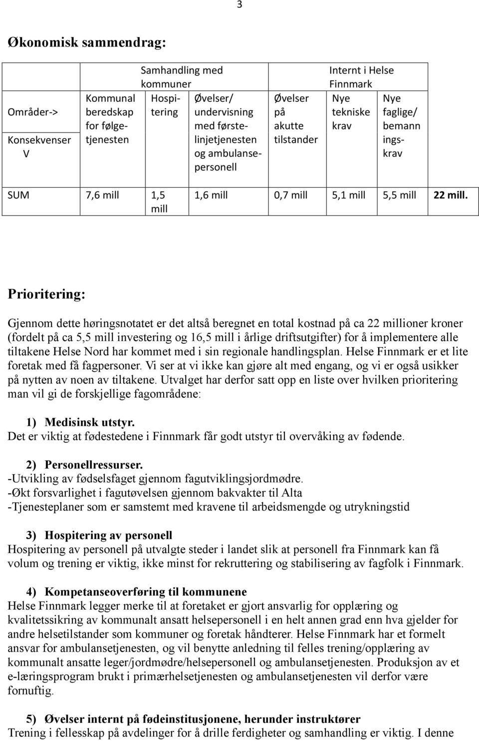 Prioritering: Gjennom dette høringsnotatet er det altså beregnet en total kostnad på ca 22 millioner kroner (fordelt på ca 5,5 mill investering og 16,5 mill i årlige driftsutgifter) for å