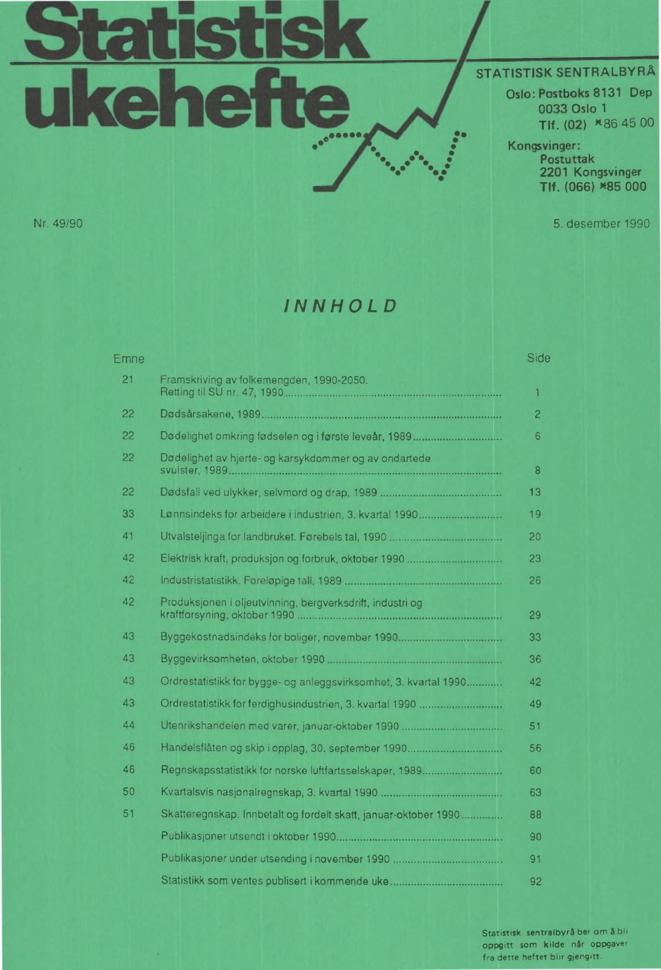 selvmord og drap, 1989 13 33 Lønnsindeks for arbeidere i industrien, 3. kvartal 1990 19 41 Utvalsteljinga for landbruket.