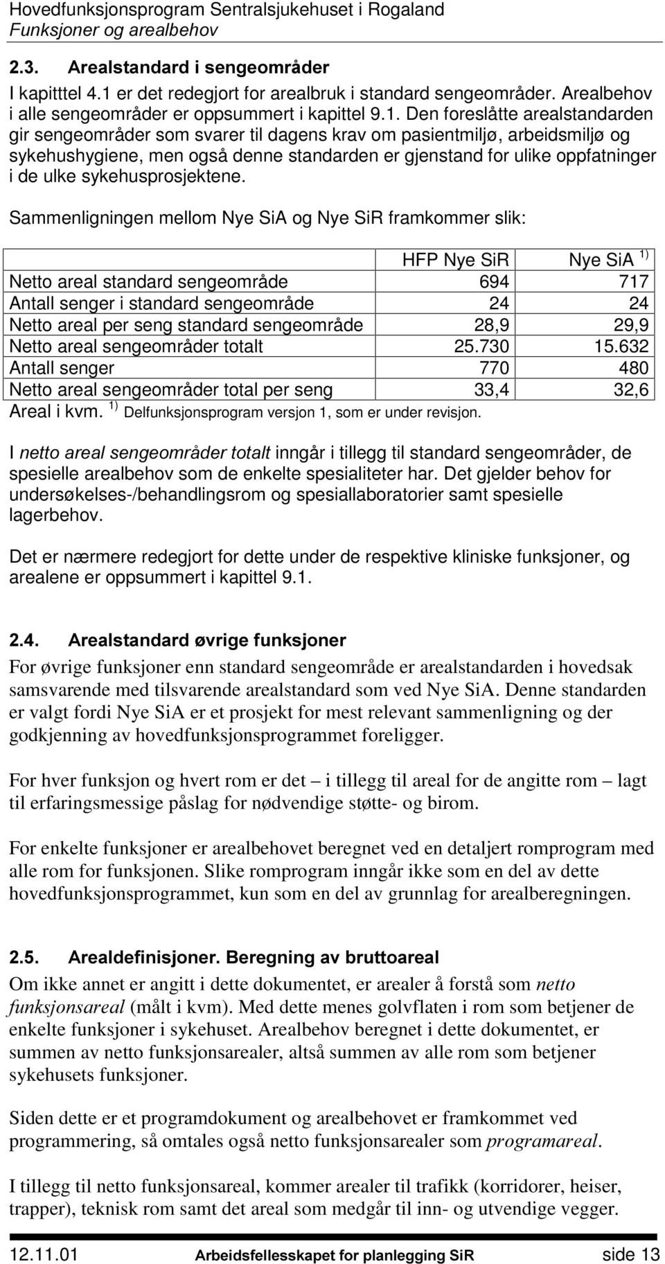 Den foreslåtte arealstandarden gir sengeområder som svarer til dagens krav om pasientmiljø, arbeidsmiljø og sykehushygiene, men også denne standarden er gjenstand for ulike oppfatninger i de ulke