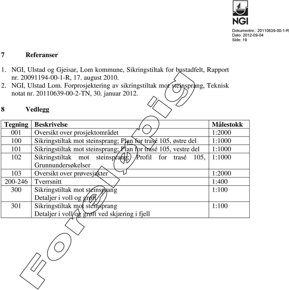 8 Vedlegg Tegning Beskrivelse Målestokk 001 Oversikt over prosjektområdet 1:2000 100 Sikringstiltak mot steinsprang; Plan for trasé 105, østre del 1:1000 101 Sikringstiltak mot steinsprang; Plan