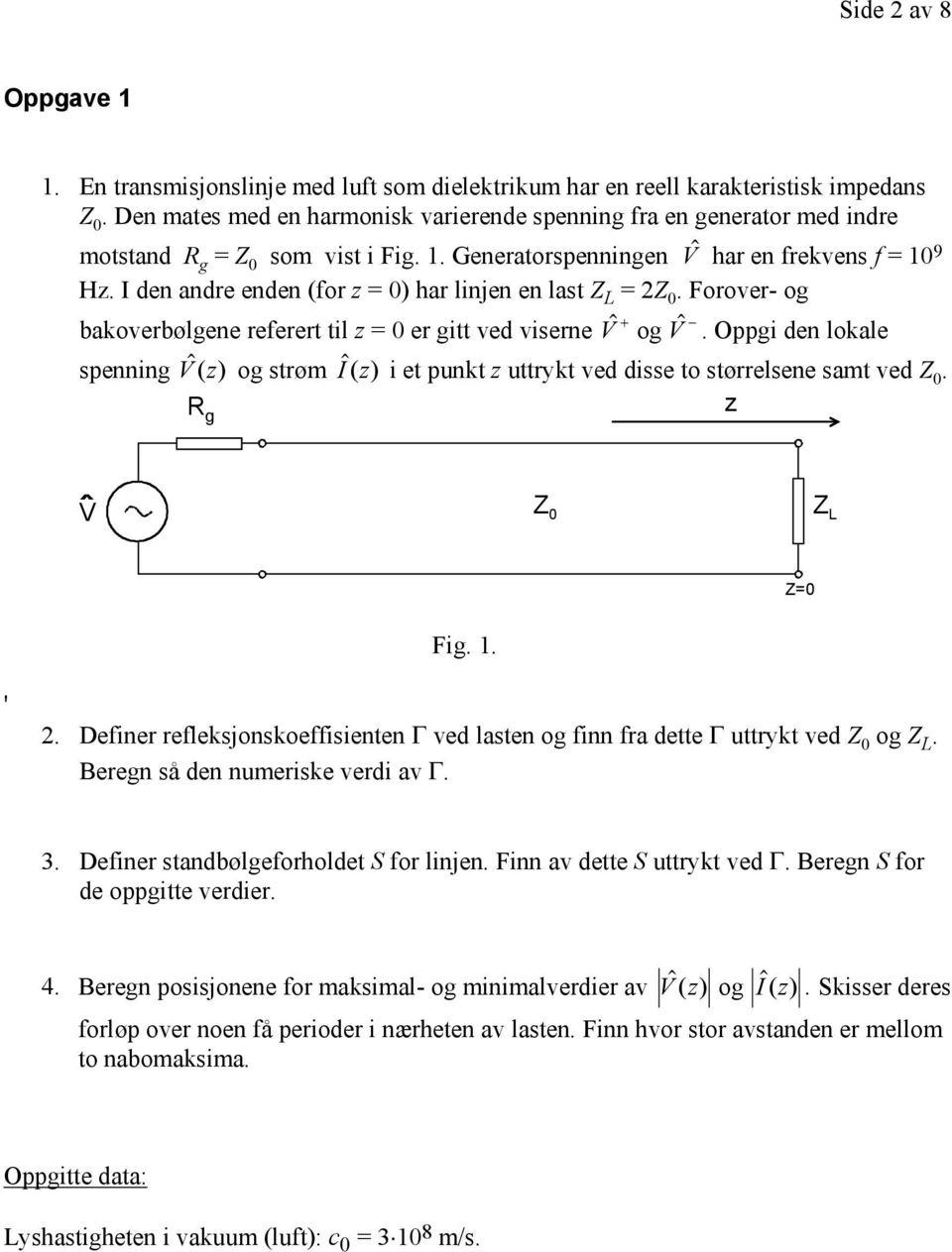 I den andre enden (for = 0) har linjen en last Z L = Z 0. Forover- og bakoverbølgene referert til = 0 er gitt ved viserne + V V og.