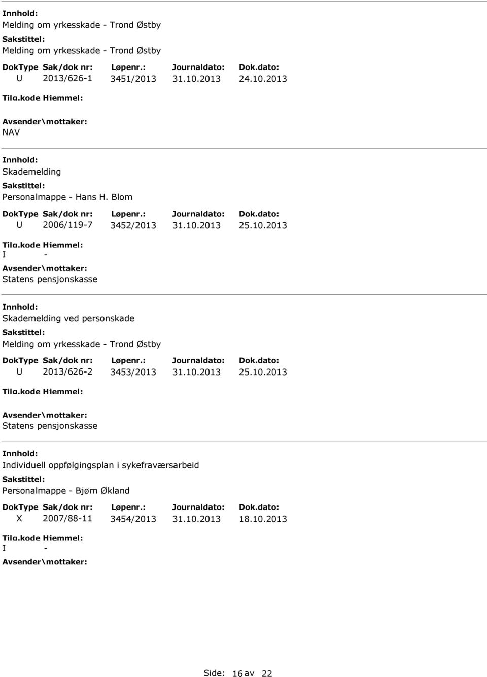 2013 Skademelding ved personskade Melding om yrkesskade - Trond Østby 2013/626-2 3453/2013 25.10.