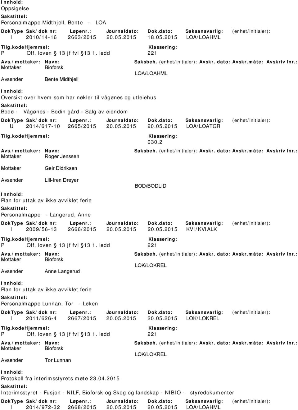 2 Mottaker Roger Jenssen Mottaker Geir Didriksen Lill-Iren Dreyer Plan for uttak av ikke avviklet ferie Personalmappe - Langerud, Anne BOD/BODLID I 2009/56-13 2666/2015 20.05.2015 20.05.2015 KVI/KVIALK P Off.