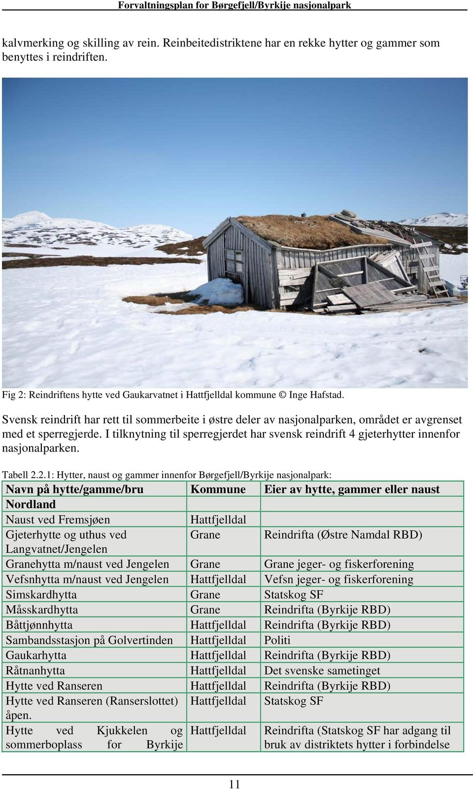 I tilknytning til sperregjerdet har svensk reindrift 4 gjeterhytter innenfor nasjonalparken. Tabell 2.