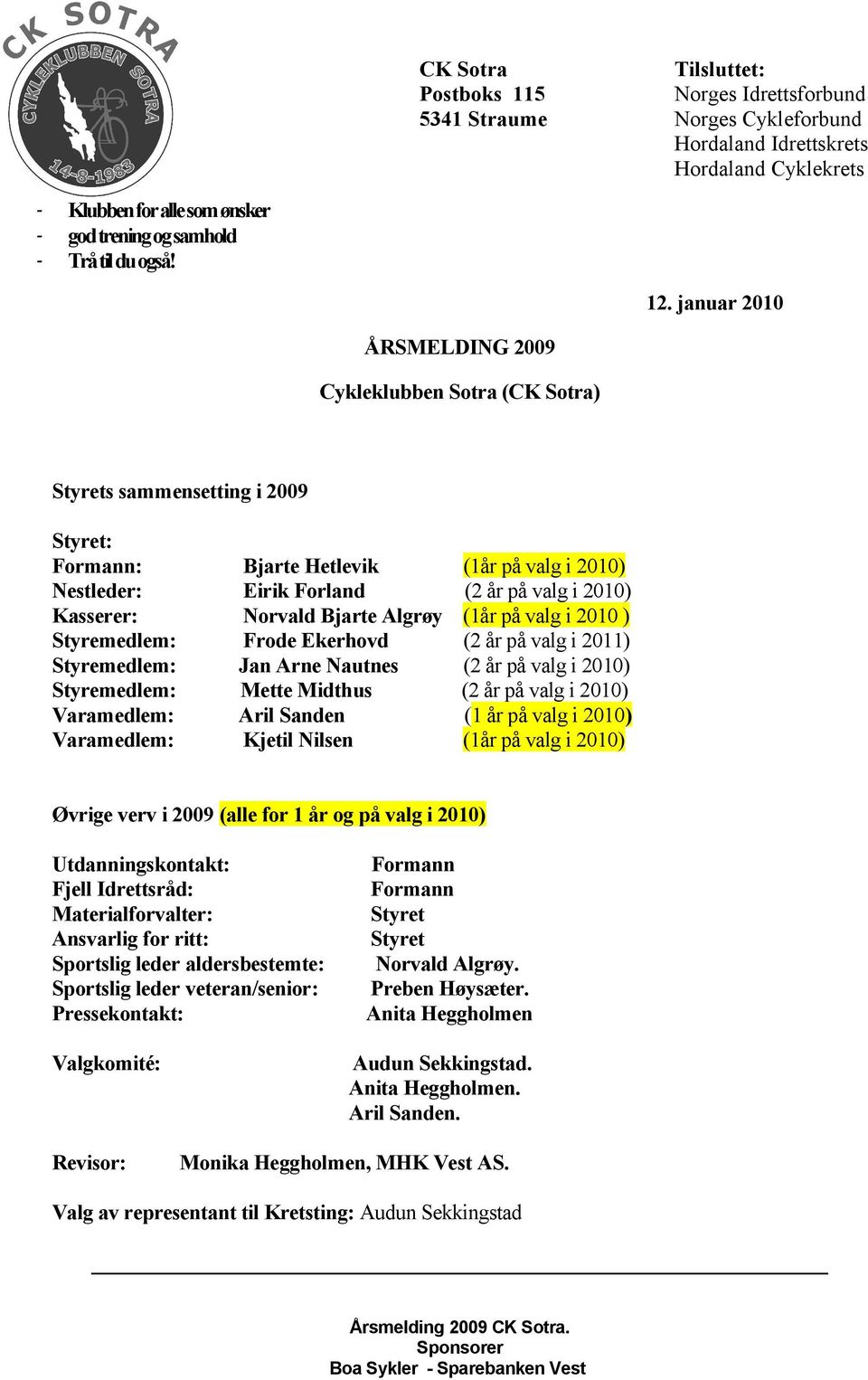 januar 2010 ÅRSMELDING 2009 Cykleklubben Sotra (CK Sotra) Styrets sammensetting i 2009 Styret: Formann: Bjarte Hetlevik (1år på valg i 2010) Nestleder: Eirik Forland (2 år på valg i 2010) Kasserer: