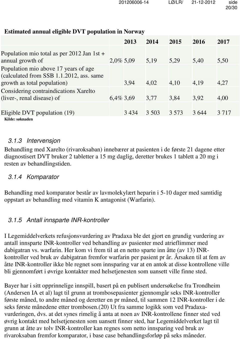 same growth as total population) 3,94 4,02 4,10 4,19 4,27 Considering contraindications Xarelto (liver-, renal disease) of 6,4% 3,69 3,77 3,84 3,92 4,00 Eligible DVT population (19) 3 434 3 503 3 573