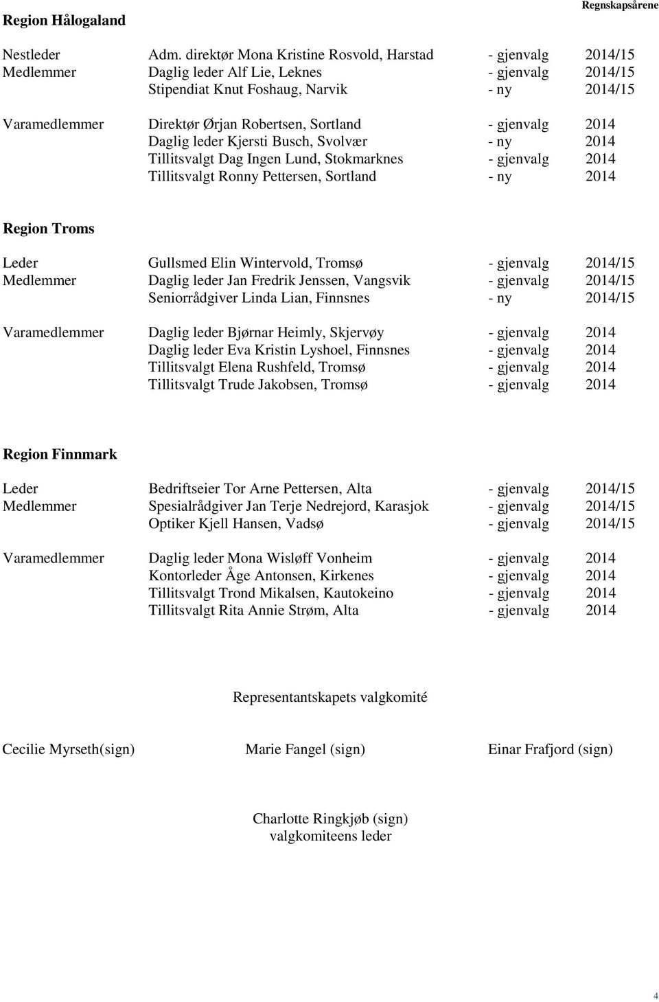 Robertsen, Sortland - gjenvalg 2014 Daglig leder Kjersti Busch, Svolvær - ny 2014 Tillitsvalgt Dag Ingen Lund, Stokmarknes - gjenvalg 2014 Tillitsvalgt Ronny Pettersen, Sortland - ny 2014 Region