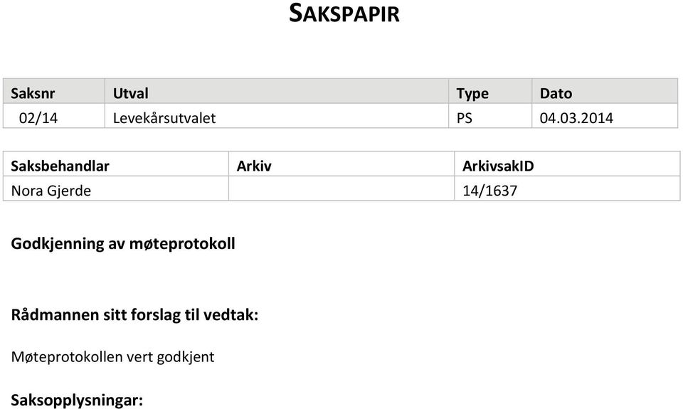 2014 Saksbehandlar Arkiv ArkivsakID Nora Gjerde 14/1637