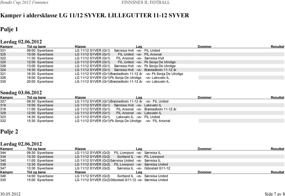 11/12 SYVER (Gr1) FIL Arsenal -vs- Sørreisa Hvit 320 12:00 Syverbane LG 11/12 SYVER (Gr1) FIL United -vs- Fk Senja De Utrolige 328 13:00 Syverbane LG 11/12 SYVER (Gr1) Sørreisa Hvit -vs- Fk Senja De