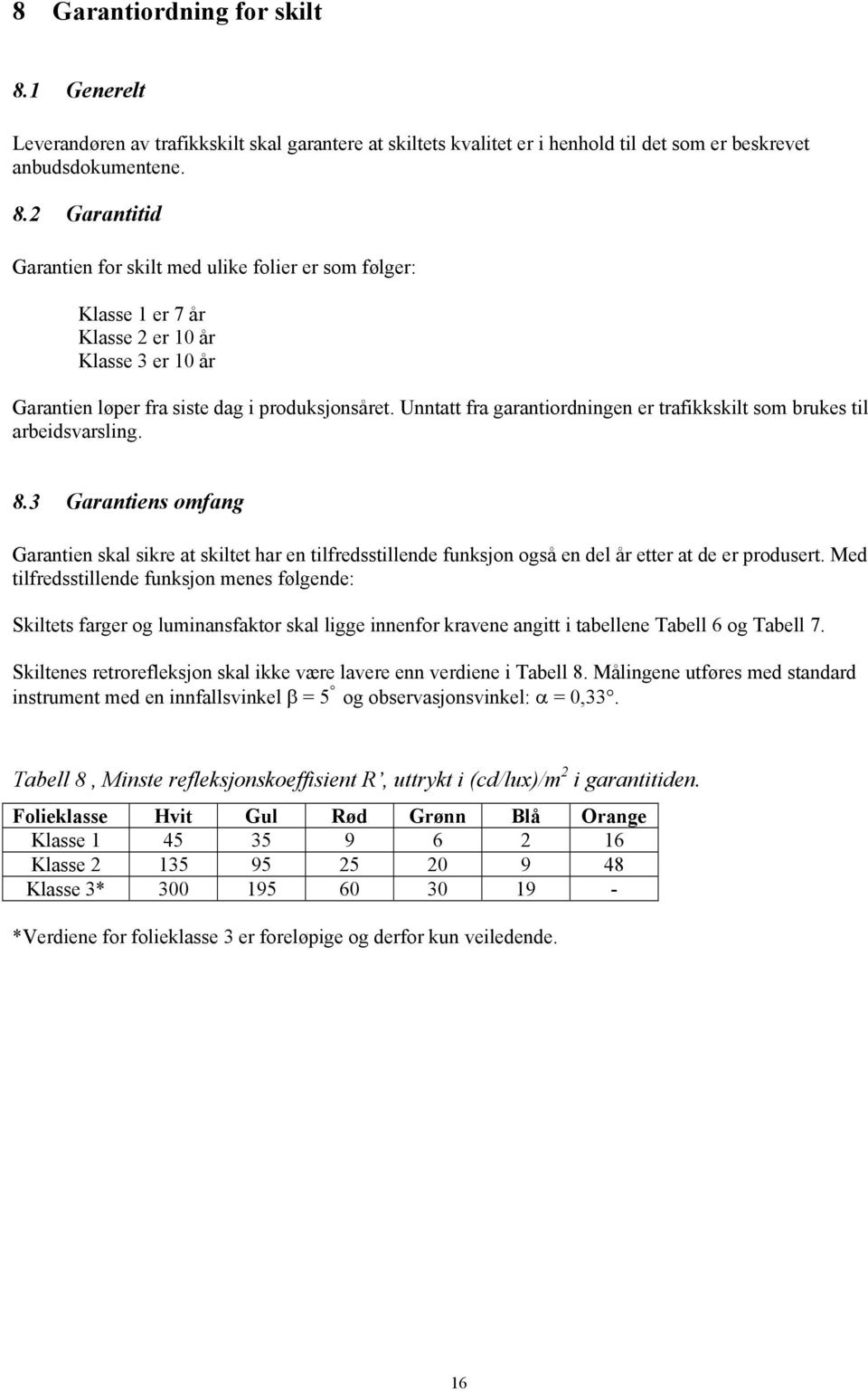 3 Garantiens omfang Garantien skal sikre at skiltet har en tilfredsstillende funksjon også en del år etter at de er produsert.