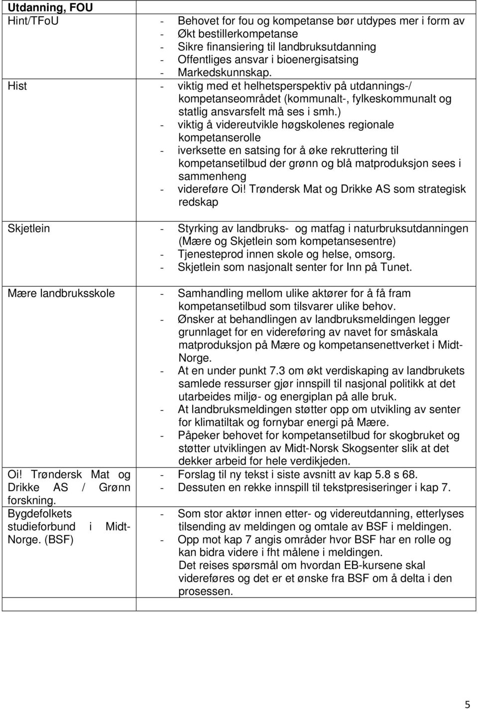 ) - viktig å videreutvikle høgskolenes regionale kompetanserolle - iverksette en satsing for å øke rekruttering til kompetansetilbud der grønn og blå matproduksjon sees i sammenheng - videreføre Oi!