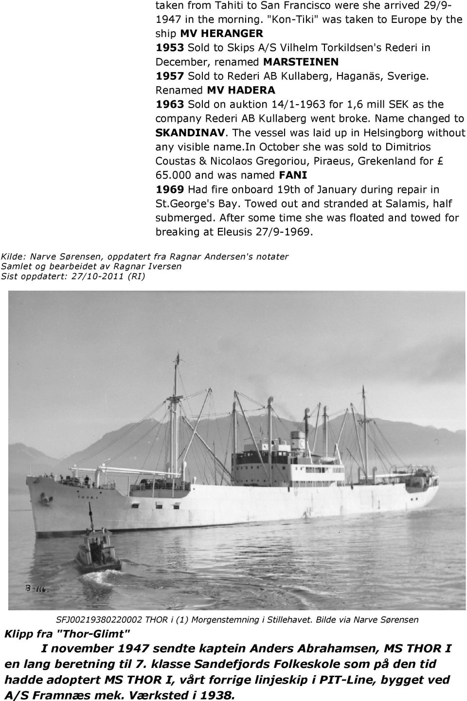 Renamed MV HADERA 1963 Sold on auktion 14/1-1963 for 1,6 mill SEK as the company Rederi AB Kullaberg went broke. Name changed to SKANDINAV.