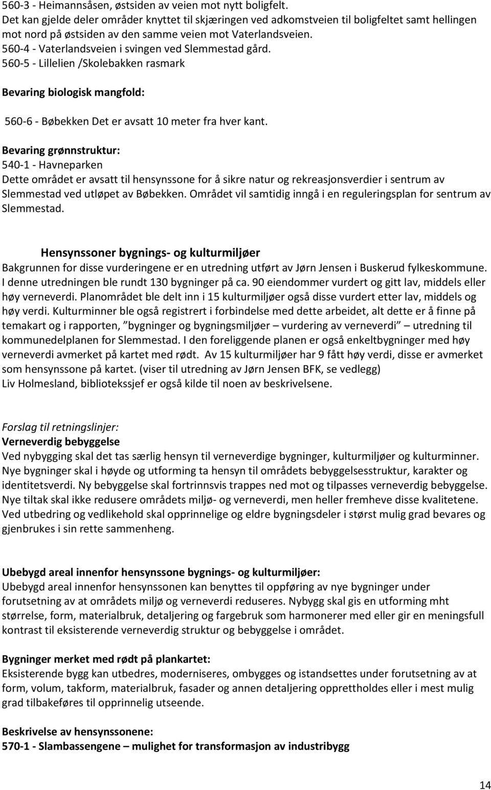 560-4 - Vaterlandsveien i svingen ved Slemmestad gård. 560-5 - Lillelien /Skolebakken rasmark Bevaring biologisk mangfold: 560-6 - Bøbekken Det er avsatt 10 meter fra hver kant.