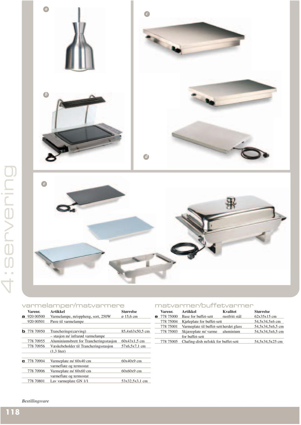 Artikkel Kvalitet Størrelse e 778 75000 Base for uffet-sett rustfritt stål 62x35x15 m 778 75004 Kjøleplate for uffet-sett 54,5x34,5x6 m 778 75001 Varmeplate til uffet-sett heret glass 54,5x34,5x6,5 m