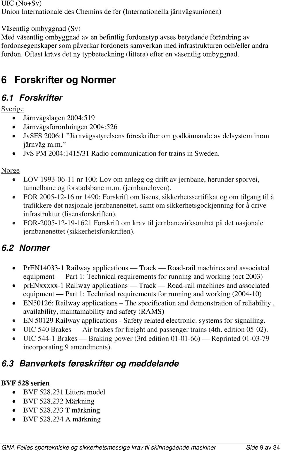 1 Forskrifter Sverige Järnvägslagen 2004:519 Järnvägsförordningen 2004:526 JvSFS 2006:1 Järnvägsstyrelsens föreskrifter om godkännande av delsystem inom järnväg m.m. JvS PM 2004:1415/31 Radio communication for trains in Sweden.