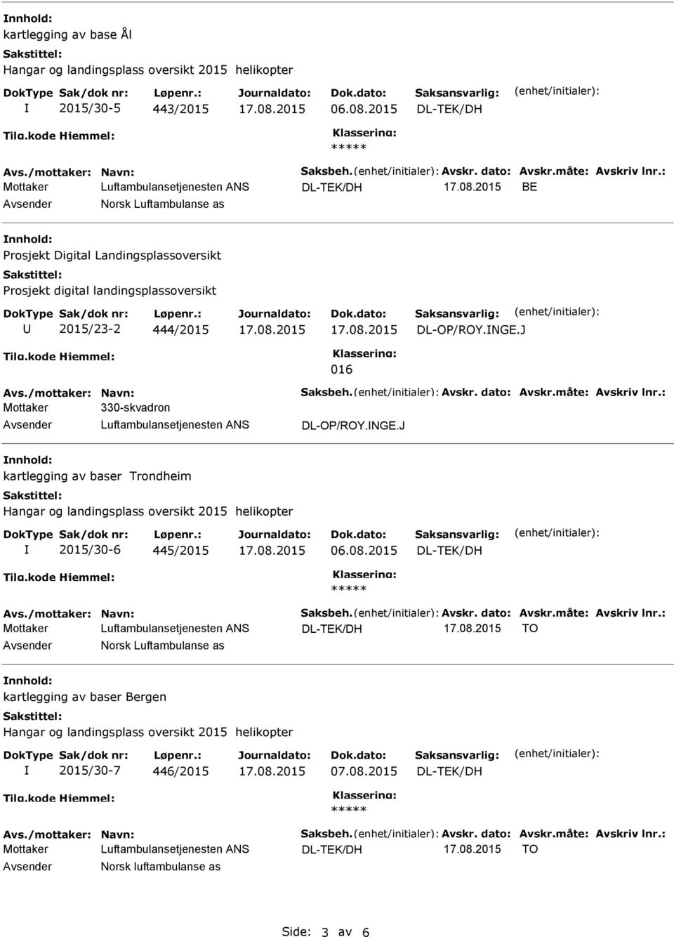 /mottaker: Navn: Saksbeh. Avskr. dato: Avskr.måte: Avskriv lnr.: 330-skvadron DL-OP/ROY.NGE.J kartlegging av baser Trondheim 2015/30-6 445/2015 06.08.2015 Avs.