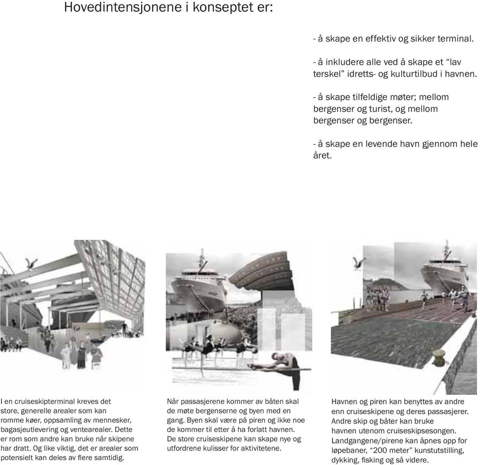 I en cruiseskipterminal kreves det store, generelle arealer som kan romme køer, oppsamling av mennesker, bagasjeutlevering og ventearealer. Dette er rom som andre kan bruke når skipene har dratt.