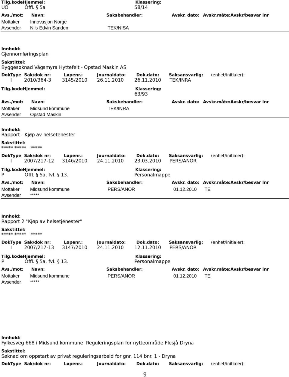 2010 PERS/ANOR P Offl. 5a, fvl. 13. Personalmappe Mottaker Midsund kommune PERS/ANOR 01.12.2010 TE Avsender ***** Rapport 2 "Kjøp av helsetjenester" ***** ***** ***** I 2007/217-13 3147/2010 24.11.