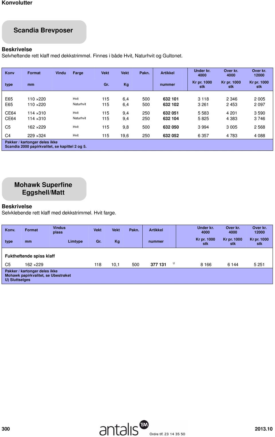 250 632 4 5 825 4 383 3 746 C5 162 229 Hvit 115 9,8 500 632 050 3 994 3 005 2 568 C4 229 324 Hvit 115 19,6 250 632 052 6 357 4 783 4 088 Scandia 2000 papirkvalitet, se kapittel 2 og 5.