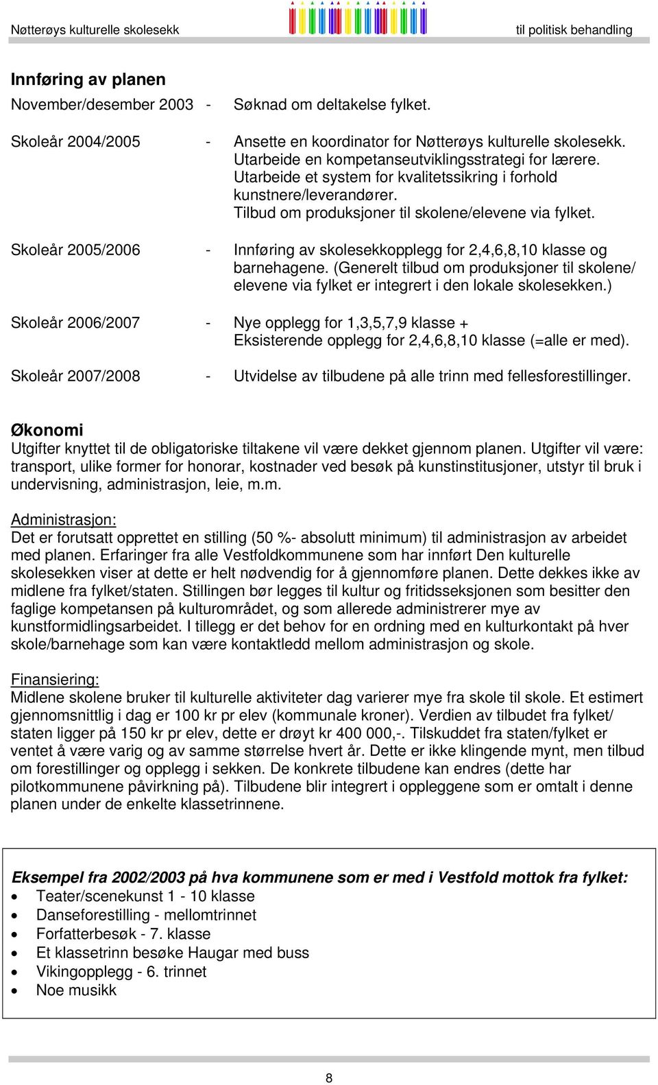 Skoleår 2005/2006 - Innføring av skolesekkopplegg for 2,4,6,8,10 klasse og barnehagene. (Generelt tilbud om produksjoner til skolene/ elevene via fylket er integrert i den lokale skolesekken.