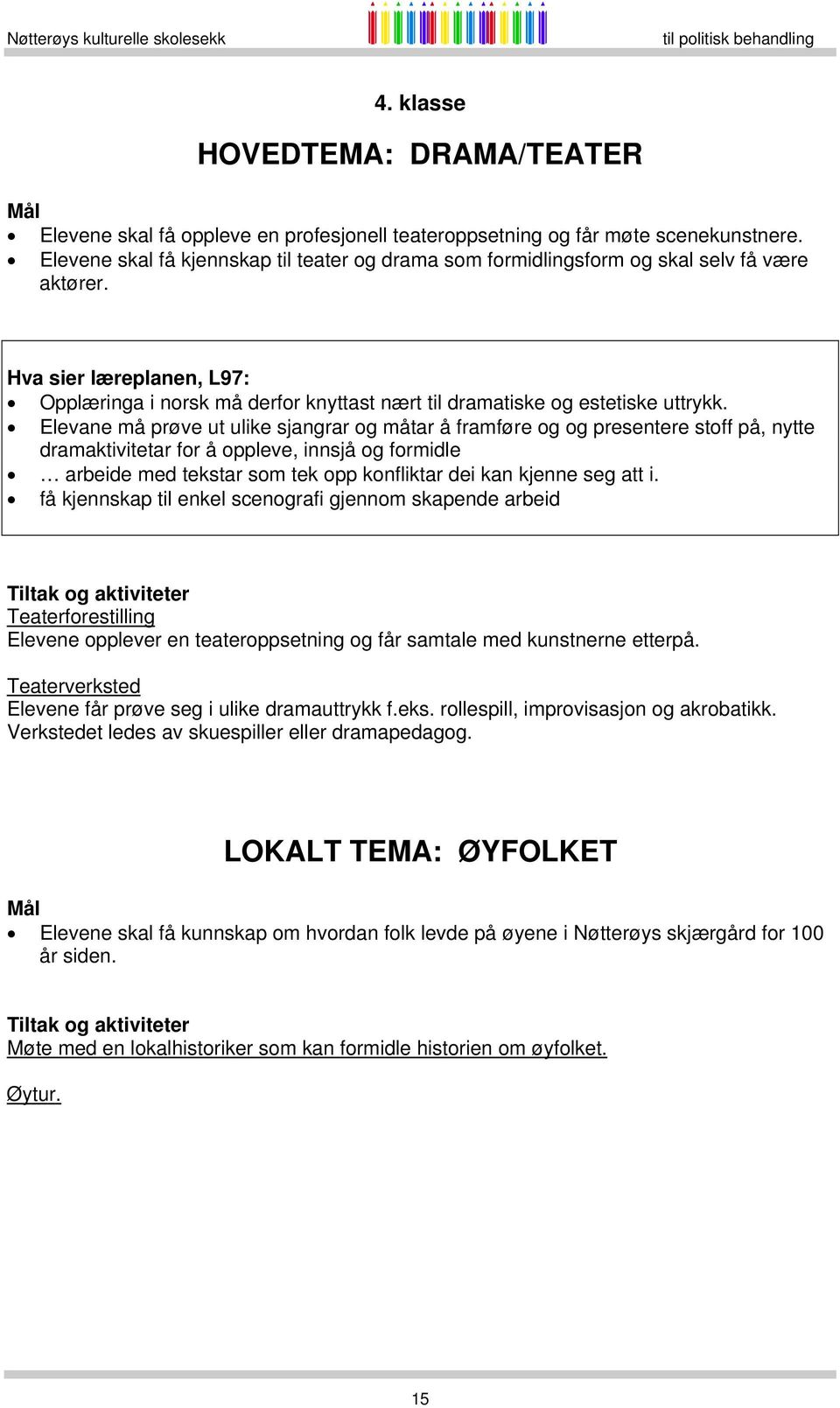 Hva sier læreplanen, L97: Opplæringa i norsk må derfor knyttast nært til dramatiske og estetiske uttrykk.