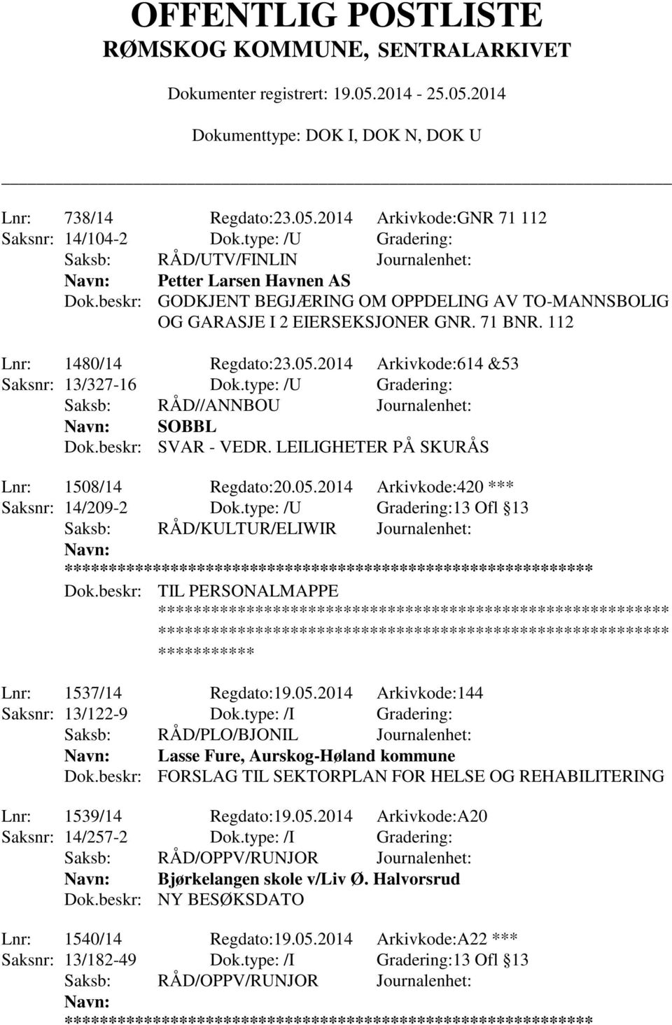 type: /U Gradering: SOBBL Dok.beskr: SVAR - VEDR. LEILIGHETER PÅ SKURÅS Lnr: 1508/14 Regdato:20.05.2014 Arkivkode:420 *** Saksnr: 14/209-2 Dok.