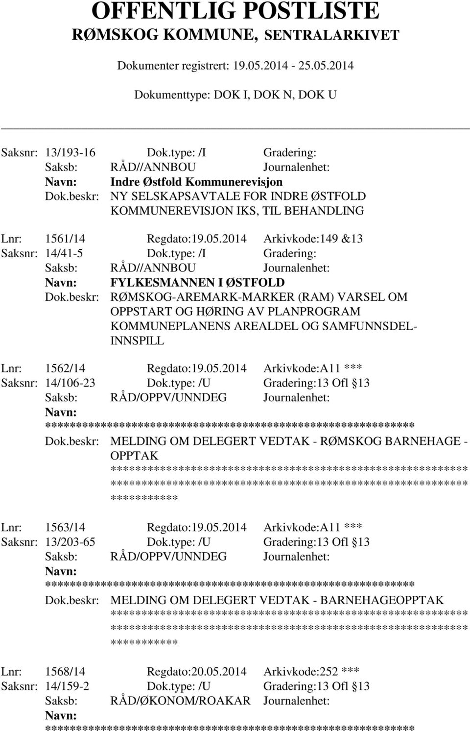 beskr: RØMSKOG-AREMARK-MARKER (RAM) VARSEL OM OPPSTART OG HØRING AV PLANPROGRAM KOMMUNEPLANENS AREALDEL OG SAMFUNNSDEL- INNSPILL Lnr: 1562/14 Regdato:19.05.