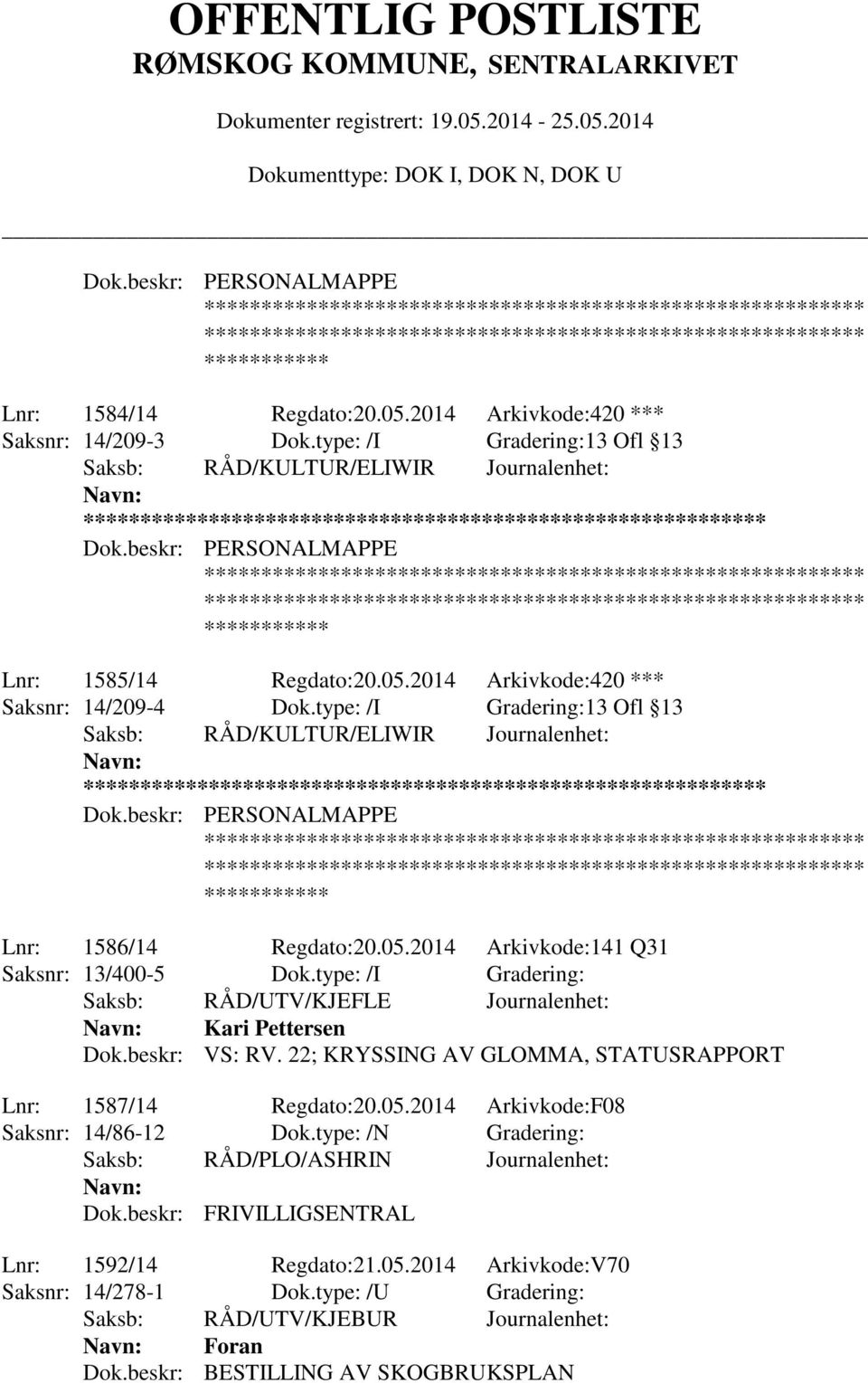 beskr: PERSONALMAPPE Lnr: 1586/14 Regdato:20.05.2014 Arkivkode:141 Q31 Saksnr: 13/400-5 Dok.type: /I Gradering: Saksb: RÅD/UTV/KJEFLE Journalenhet: Kari Pettersen Dok.beskr: VS: RV.