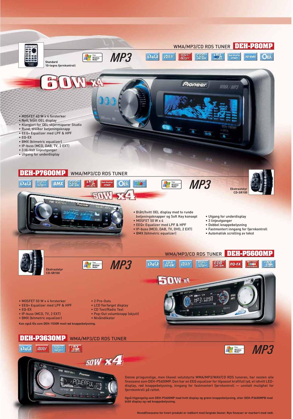 Key konsept MOSFET 50 W x 4 EEQ+ Equalizer med LPF & HPF IP-buss (MCD, DAB, TV, DVD, 2 EXT) BMX (bitmetric equalizer) Utgang for underdisplay 3 linjeutganger Dobbel knappebelysning Fastmontert