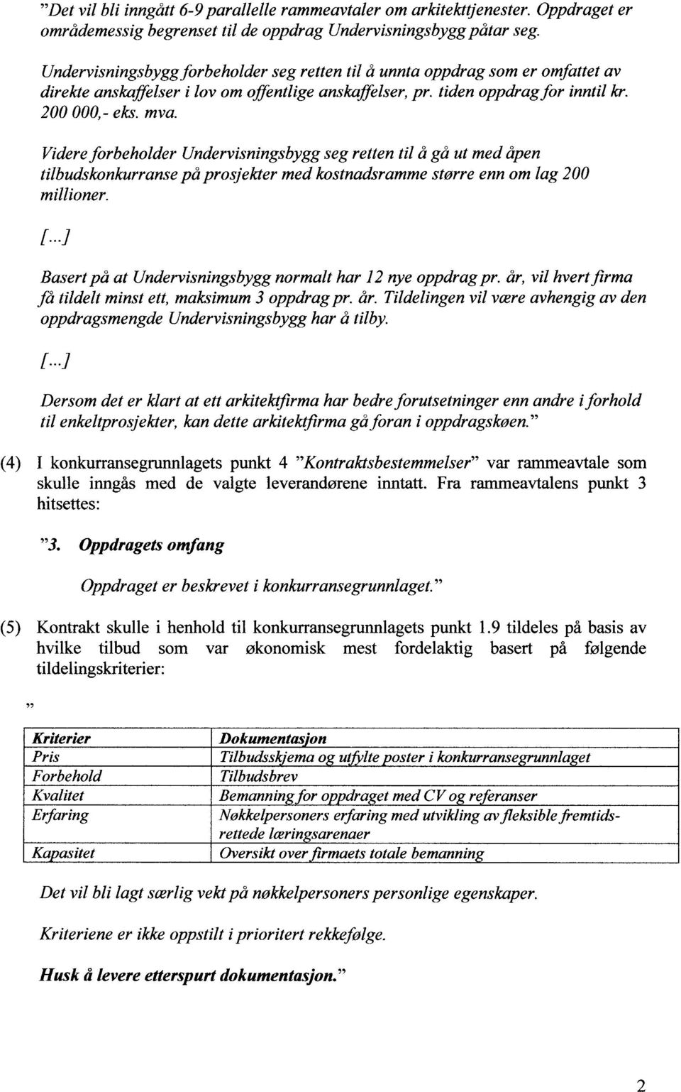 Videre forbeholder Undervisningsbygg seg retten til å gå ut med åpen tilbudskonkurranse på prosjekter med kostnadsramme større enn om lag 200 millioner.