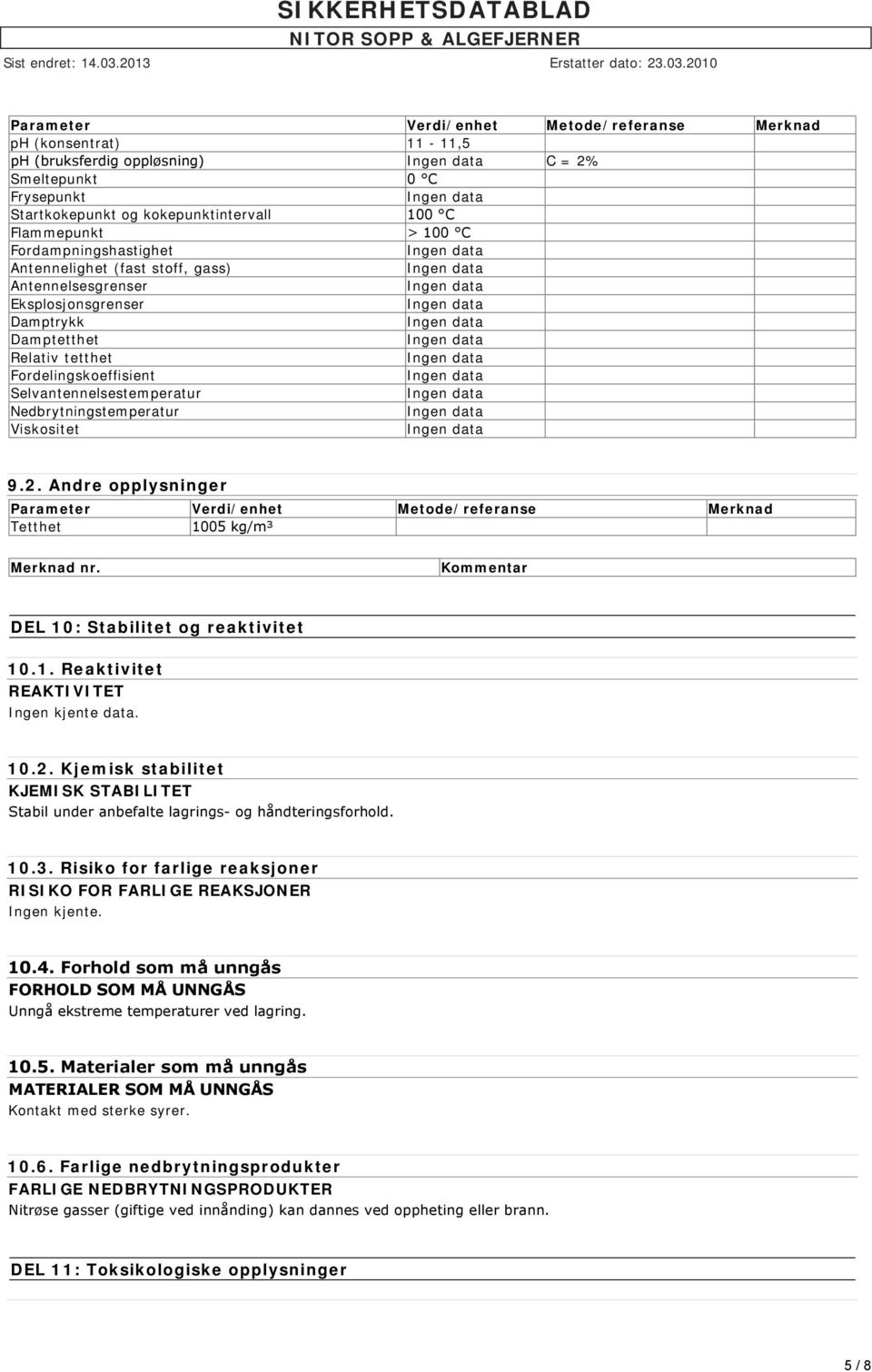 Nedbrytningstemperatur Viskositet 9.2. Andre opplysninger Parameter Verdi/enhet Metode/referanse Merknad Tetthet 1005 kg/m³ Merknad nr. Kommentar DEL 10: Stabilitet og reaktivitet 10.1. Reaktivitet REAKTIVITET Ingen kjente data.