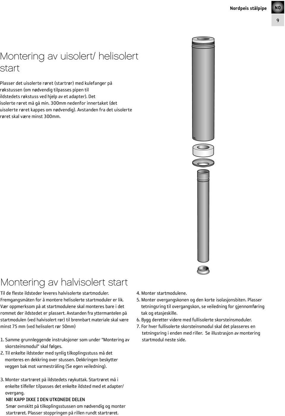 Montering av halvisolert start Til de fleste ildsteder leveres halvisolerte startmoduler. Fremgangsmåten for å montere helisolerte startmoduler er lik.