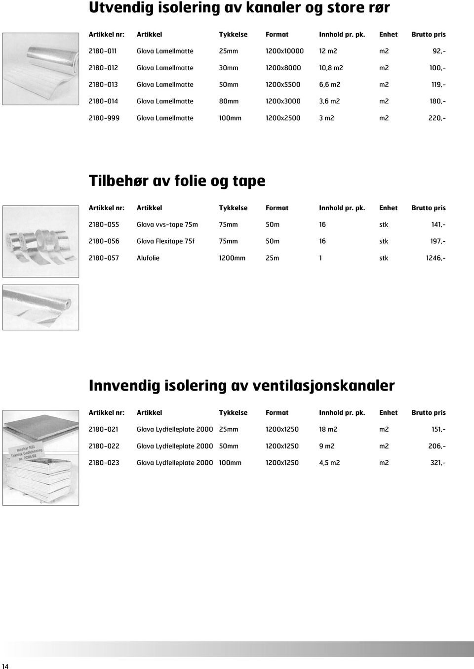 2180-014 Glava Lamellmatte 80mm 1200x3000 3,6 m2 m2 180,- 2180-999 Glava Lamellmatte 100mm 1200x2500 3 m2 m2 220,- Tilbehør av folie og tape Artikkel nr: Artikkel Tykkelse Format Innhold pr. pk.