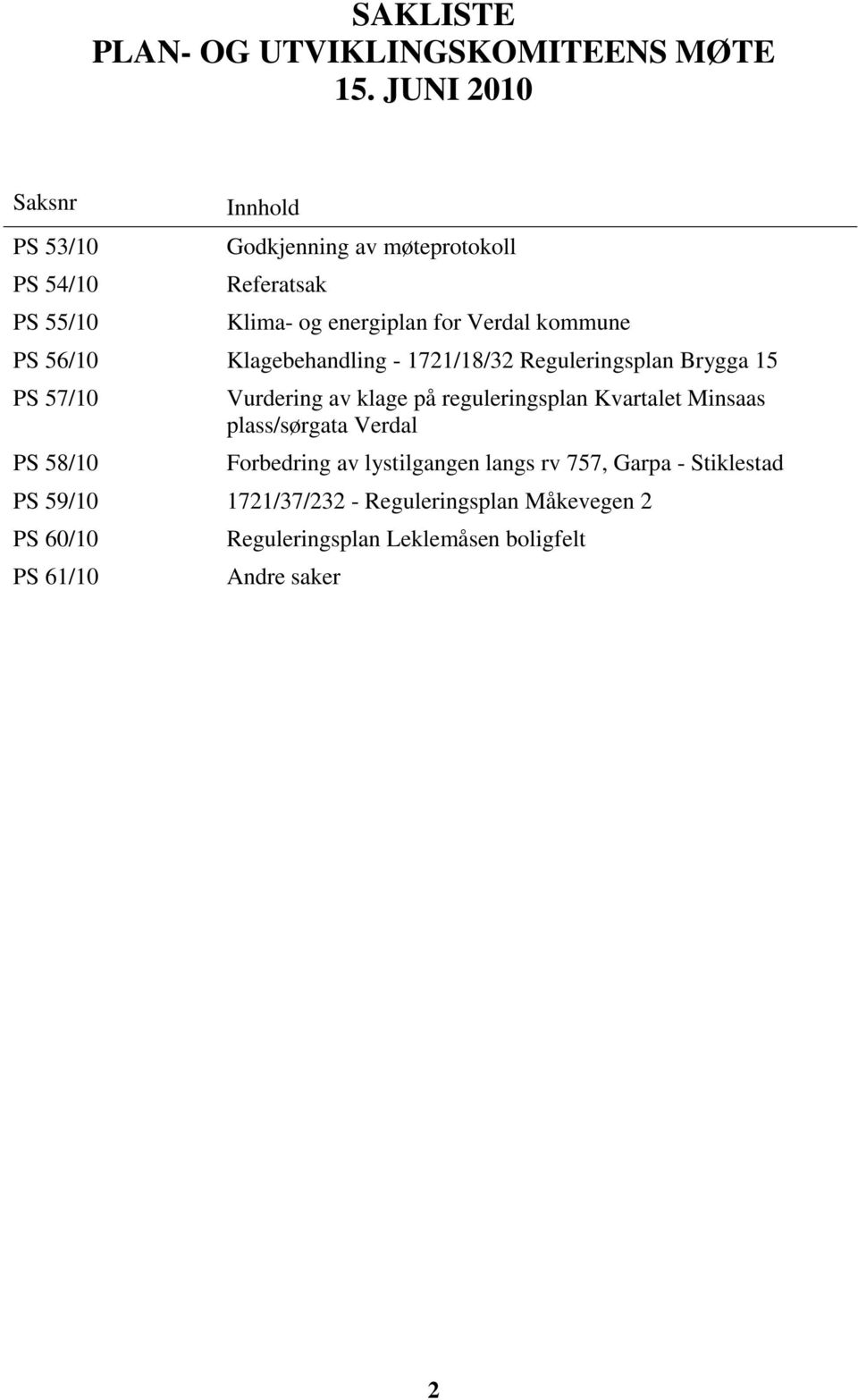 kommune PS 56/10 Klagebehandling - 1721/18/32 Reguleringsplan Brygga 15 PS 57/10 PS 58/10 Vurdering av klage på reguleringsplan