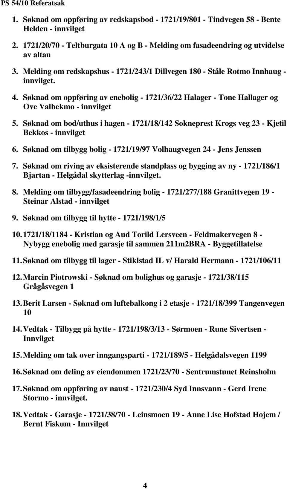 Søknad om oppføring av enebolig - 1721/36/22 Halager - Tone Hallager og Ove Valbekmo - innvilget 5. Søknad om bod/uthus i hagen - 1721/18/142 Sokneprest Krogs veg 23 - Kjetil Bekkos - innvilget 6.