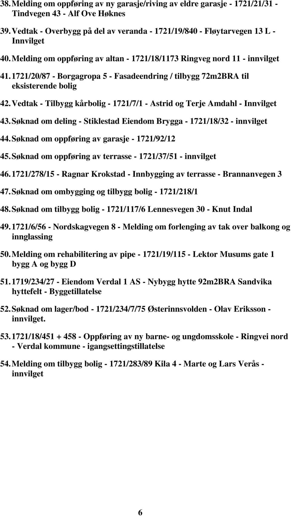 Vedtak - Tilbygg kårbolig - 1721/7/1 - Astrid og Terje Amdahl - Innvilget 43. Søknad om deling - Stiklestad Eiendom Brygga - 1721/18/32 - innvilget 44. Søknad om oppføring av garasje - 1721/92/12 45.