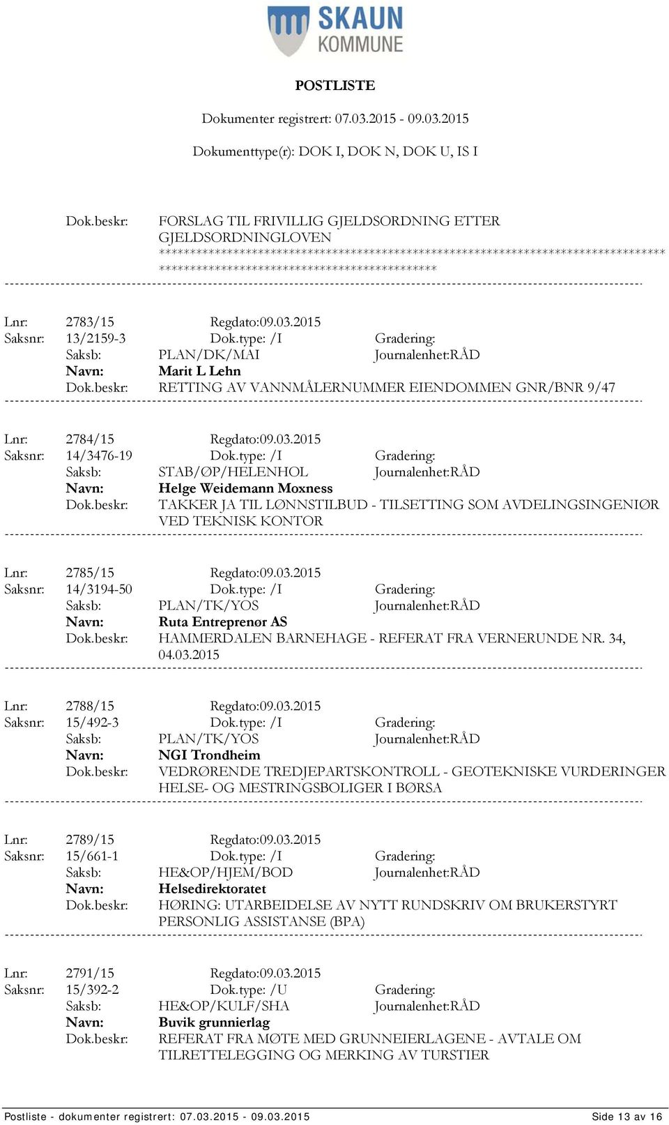 type: /I Gradering: Helge Weidemann Moxness TAKKER JA TIL LØNNSTILBUD - TILSETTING SOM AVDELINGSINGENIØR VED TEKNISK KONTOR Lnr: 2785/15 Regdato:09.03.2015 Saksnr: 14/3194-50 Dok.