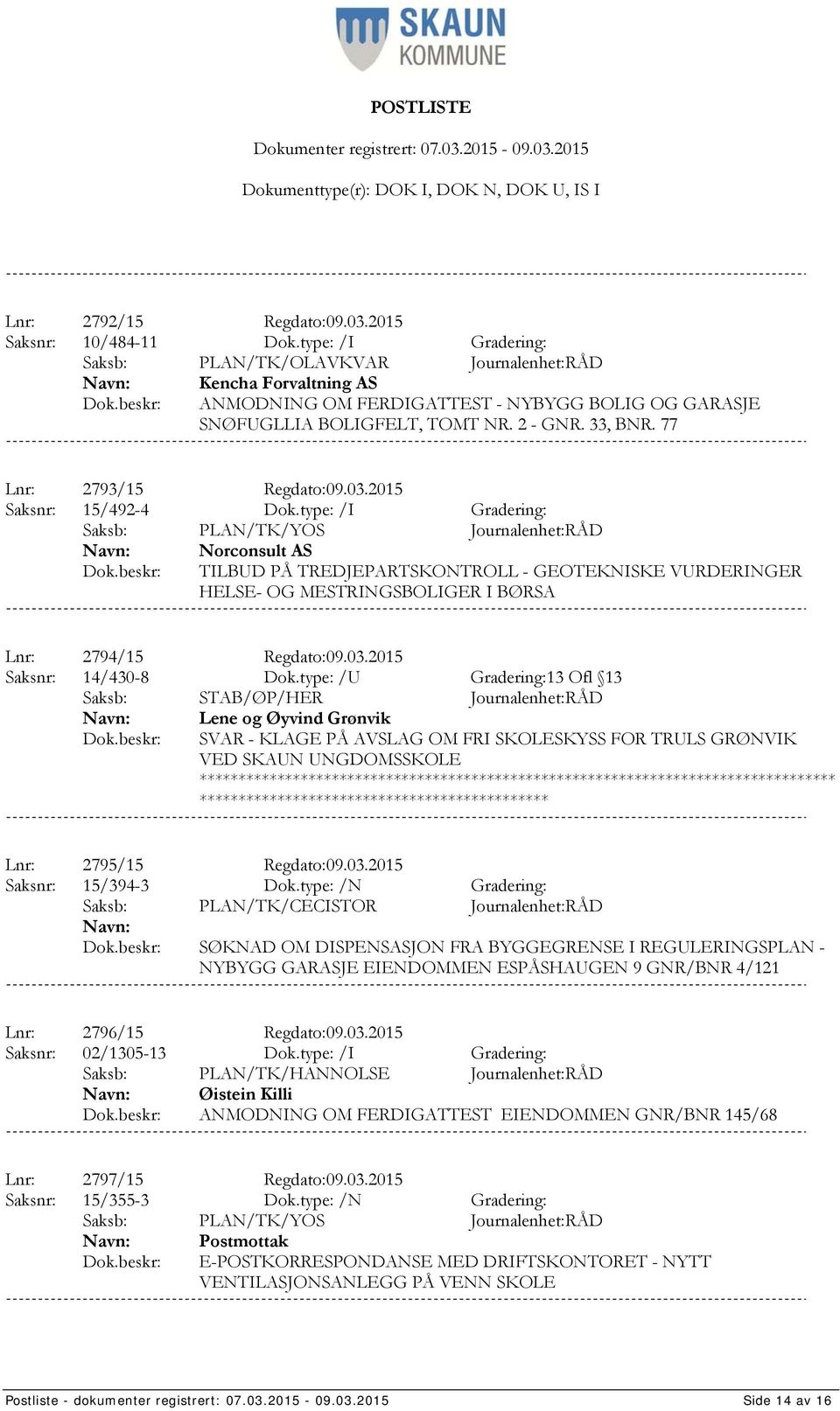 77 Lnr: 2793/15 Regdato:09.03.2015 Saksnr: 15/492-4 Dok.