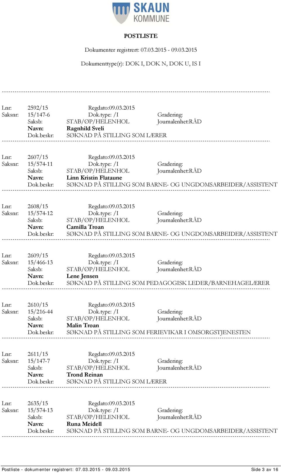 type: /I Gradering: Camilla Trøan SØKNAD PÅ STILLING SOM BARNE- OG UNGDOMSARBEIDER/ASSISTENT Lnr: 2609/15 Regdato:09.03.2015 Saksnr: 15/466-13 Dok.