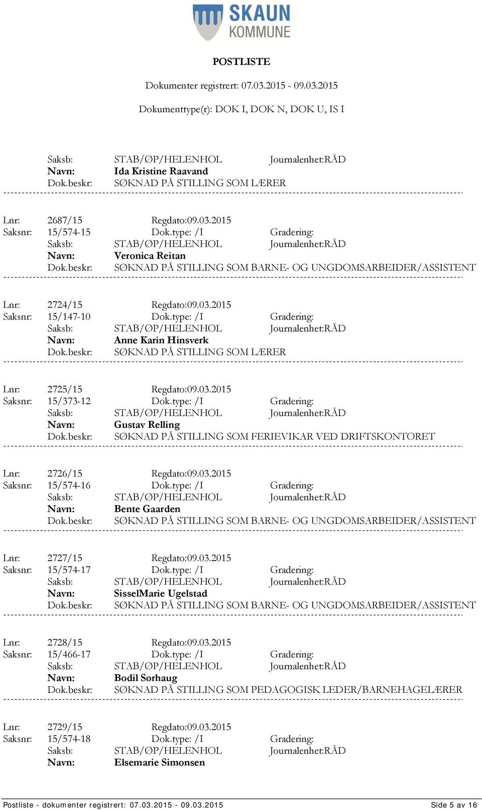 type: /I Gradering: Anne Karin Hinsverk SØKNAD PÅ STILLING SOM LÆRER Lnr: 2725/15 Regdato:09.03.2015 Saksnr: 15/373-12 Dok.