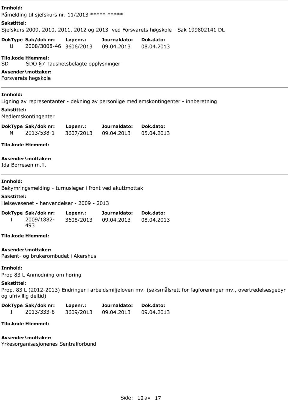 05.04.2013 da Børresen m.fl. Bekymringsmelding - turnusleger i front ved akuttmottak Helsevesenet - henvendelser - 2009-2013 Sak/dok nr: 2009/1882-493 Løpenr.